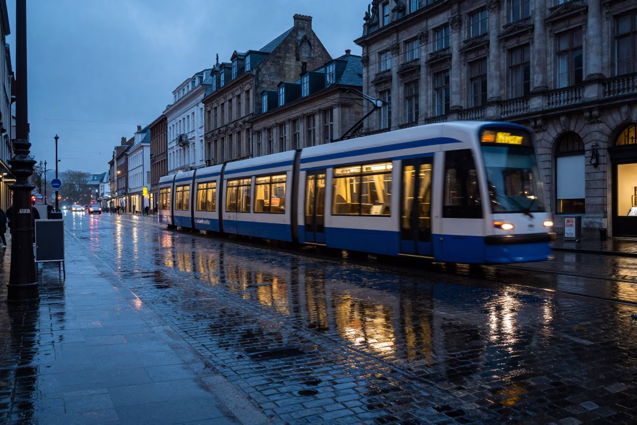 Brussels Belgium Twilight Tram Reflection on Wet Cobblestone Street Scene in in Brussels, Belgium
