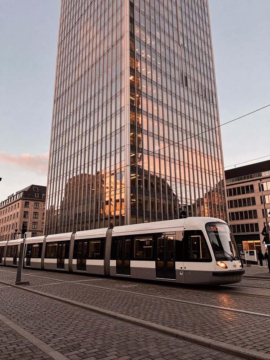 Brussels Belgium Urban Scene with Monorail Reflection in Glass Skyscraper Before Dusk in in Brussels, Belgium