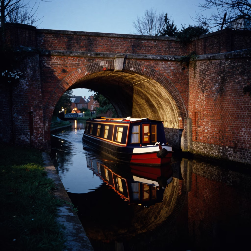 Brussels Blue Hour Canal Scene Narrowboat Brick Tunnel Reflection in in Brussels, Belgium