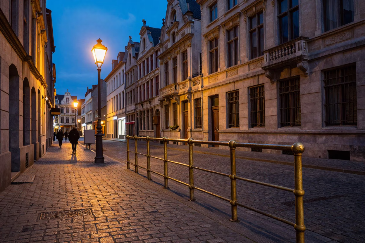 Brussels Blue Hour Street Scene with Brass Rail and Vintage Atmosphere in in Brussels, Belgium