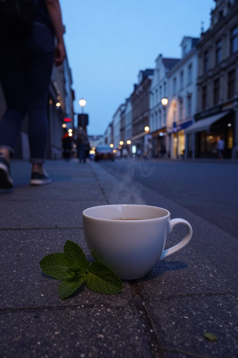 Brussels Blue Hour Street Scene with Ceramic Cup and Mint Leaves in in Brussels, Belgium