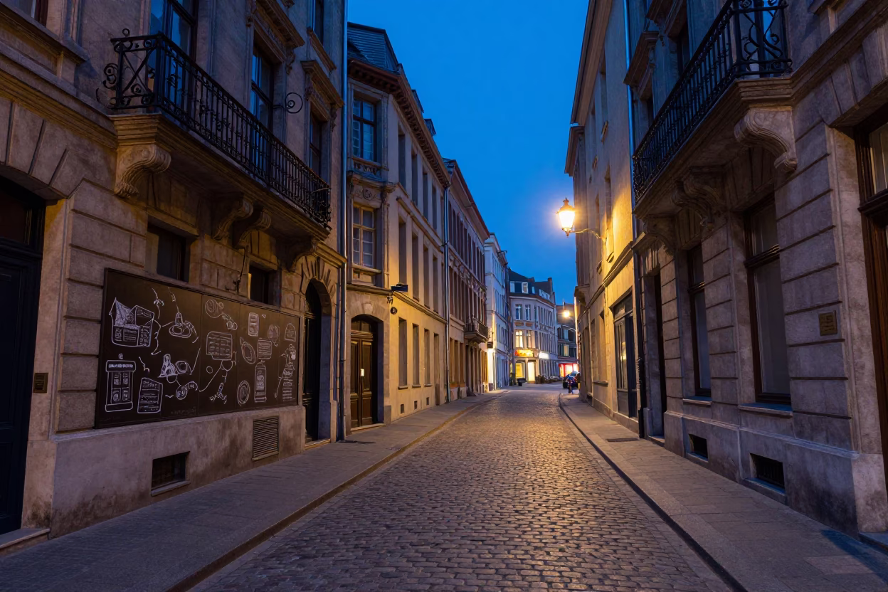 Brussels Blue Hour Street Scene with Chalkboard Diagrams and Urban Architecture in in Brussels, Belgium