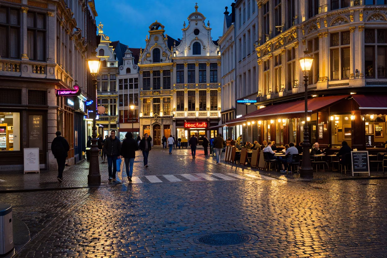 Brussels blue hour street scene with cobblestones and cafe lights in in Brussels, Belgium