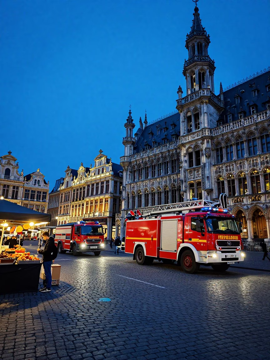 Brussels Blue Hour Street Scene with Fire Engine and Local Market Activity in in Brussels, Belgium