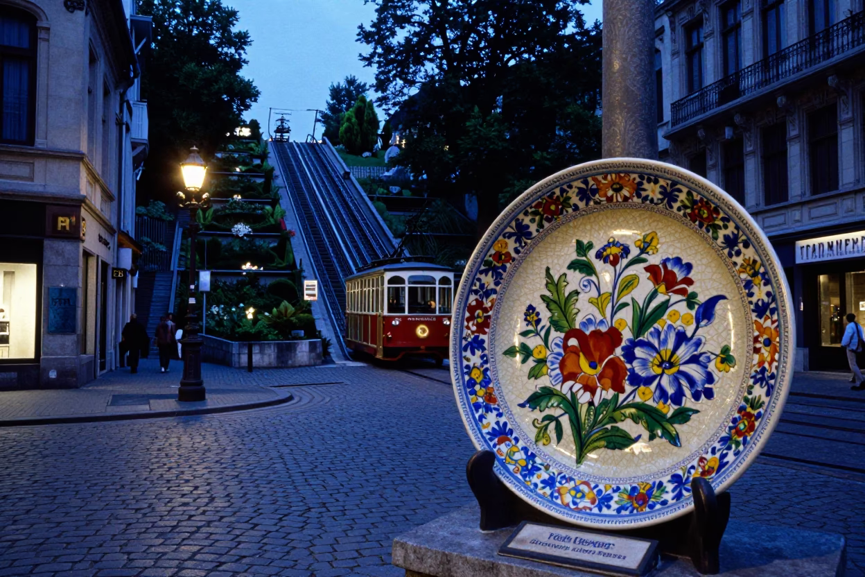 Brussels Blue Hour Street Scene with Funicular and Vintage Majolica Plate on Cafe Table in in Brussels, Belgium
