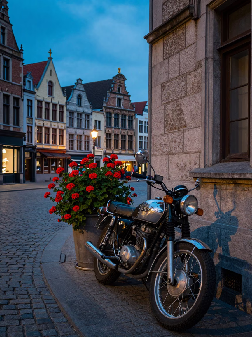 Brussels blue hour street scene with geraniums and vintage motorcycle in in Brussels, Belgium
