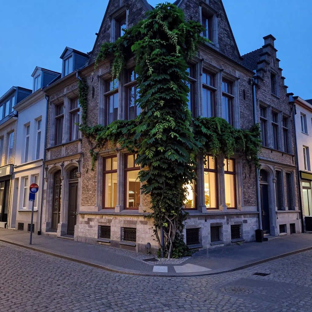 Brussels Blue Hour Street Scene with Ivy Vines and Cobblestone Architecture in in Brussels, Belgium