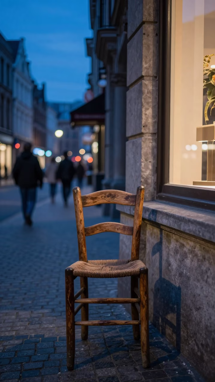 Brussels Blue Hour Street Scene with Ladder-Back Chair and Window Light in in Brussels, Belgium