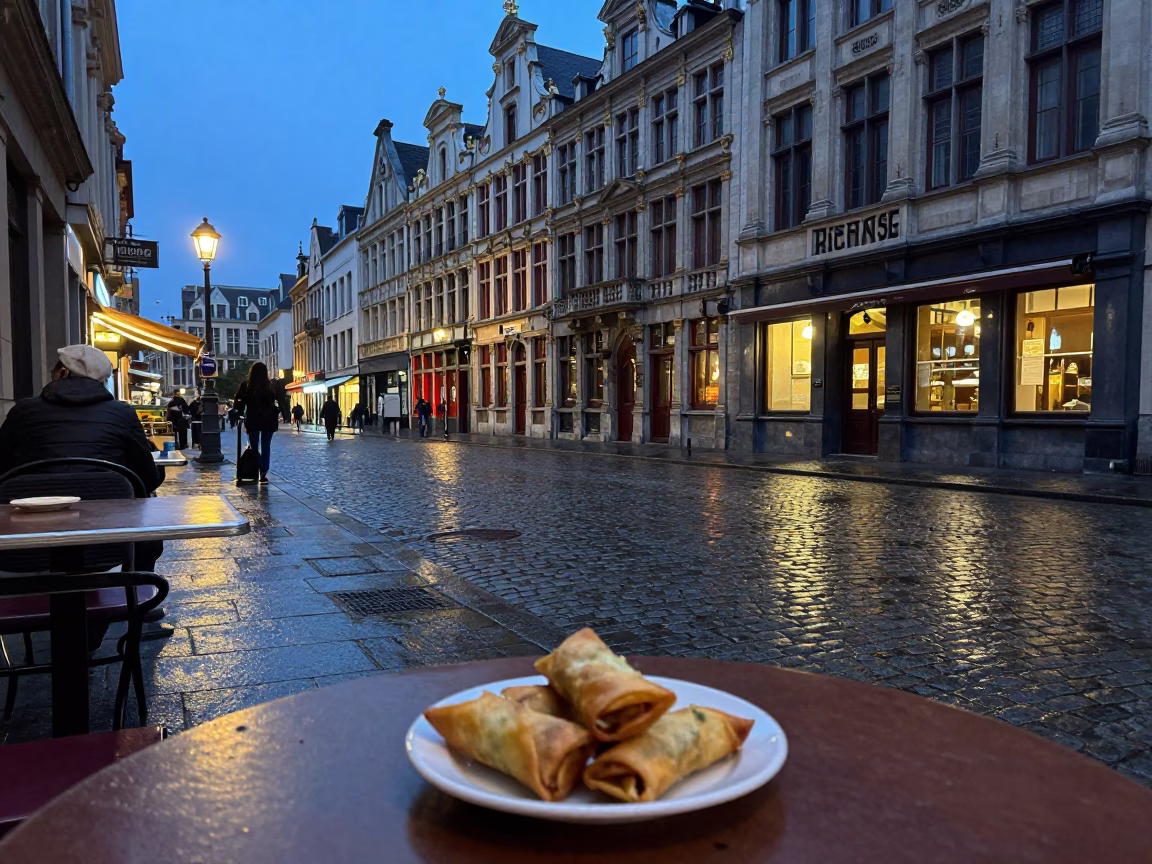 Brussels Blue Hour Street Scene with Local Food and Vintage Atmosphere in in Brussels, Belgium