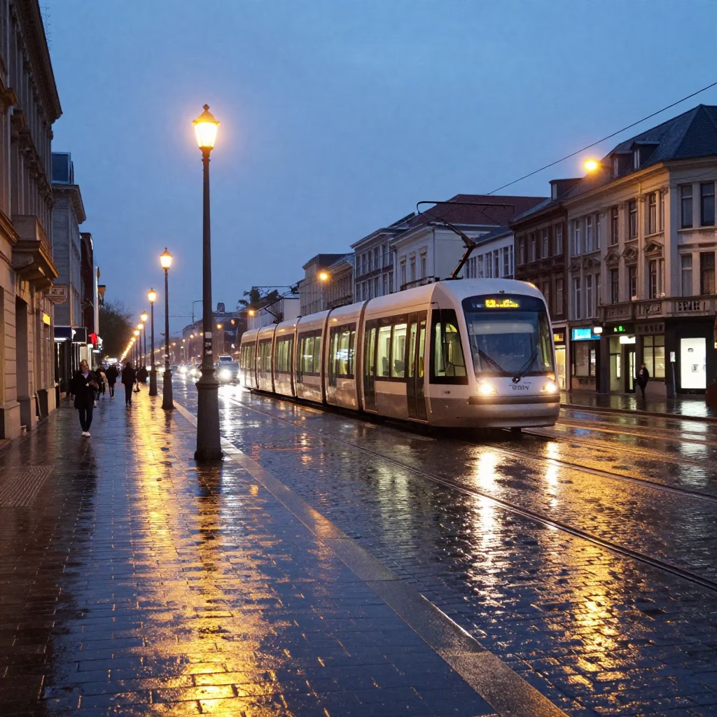 Brussels Blue Hour Street Scene with Monorail and Notebook in in Brussels, Belgium