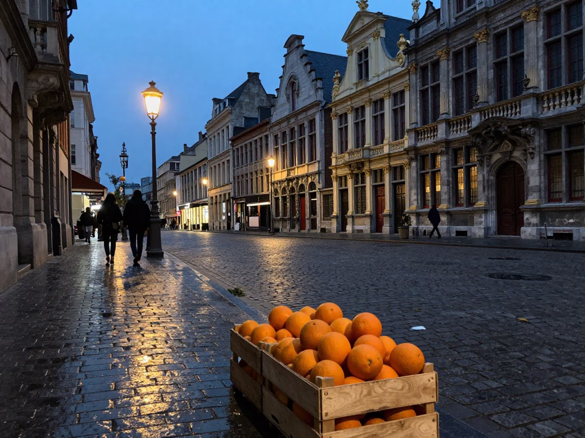 Brussels Blue Hour Street Scene with Orange Fruit and Cobblestones in in Brussels, Belgium