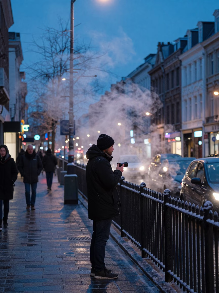 Brussels Blue Hour Street Scene with Steam and Frost Coated Fencing in in Brussels, Belgium