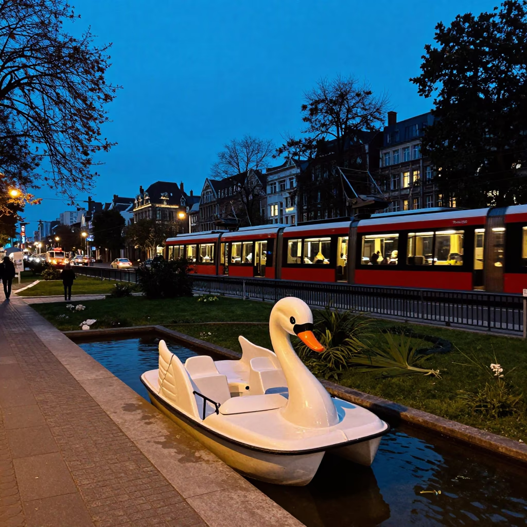 Brussels Blue Hour Street Scene with Swan Pedal Boat and Funicular Railway in in Brussels, Belgium