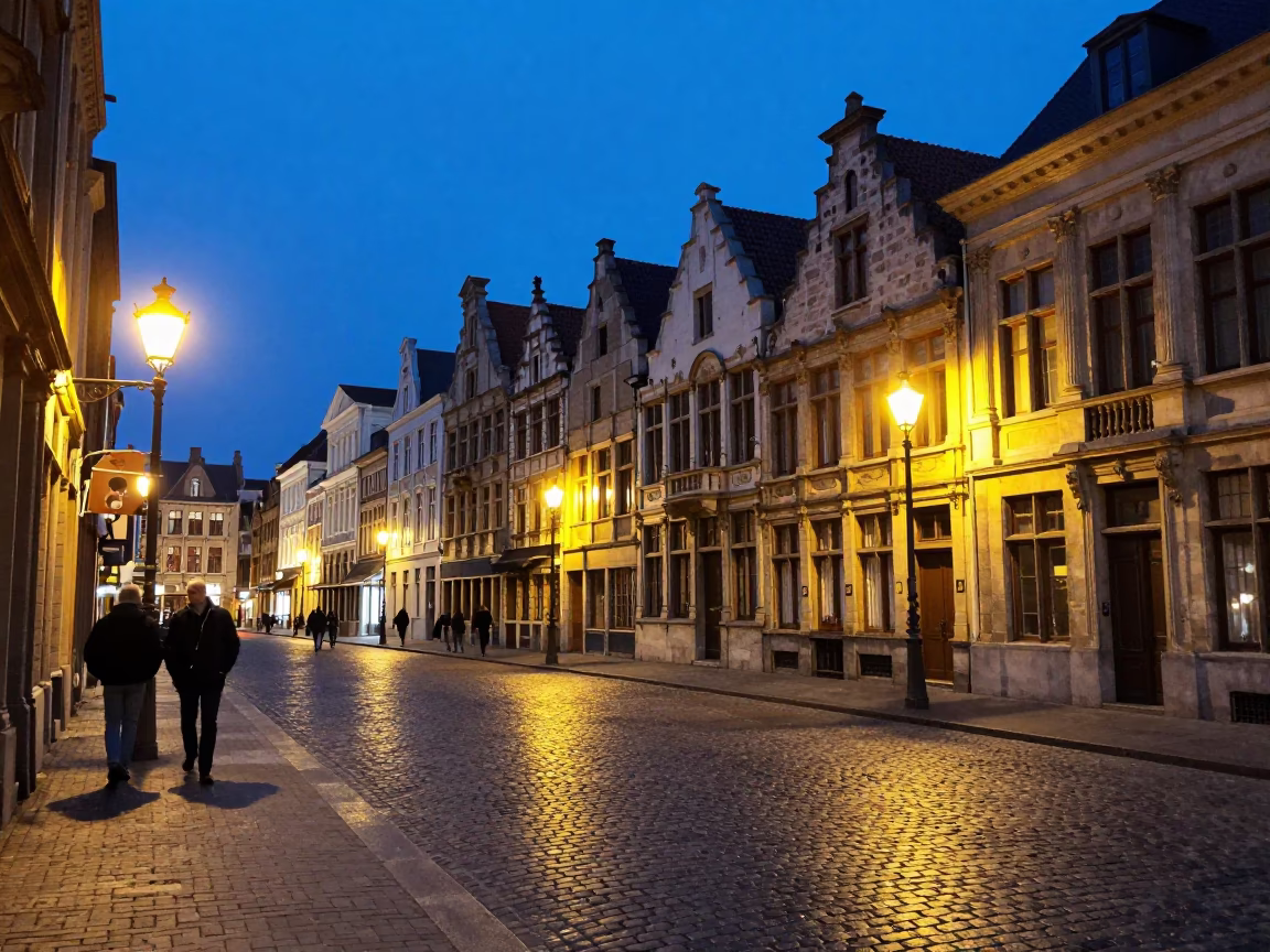 Brussels Blue Hour Street Scene with Traditional Architecture and Local Life in in Brussels, Belgium