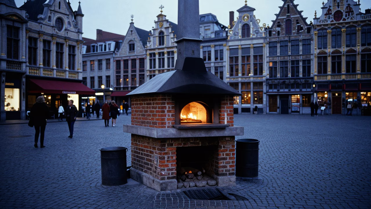 Brussels Blue Hour Street Scene with Traditional Bakery Oven and Cobblestone Square in in Brussels, Belgium