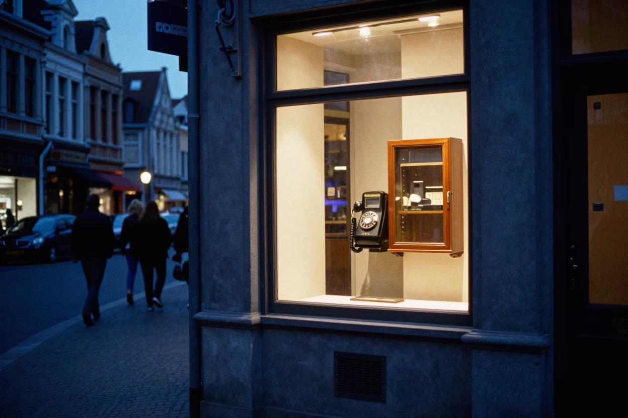 Brussels Blue Hour Street Scene with Vintage Bakelite Telephone and Window Light in in Brussels, Belgium