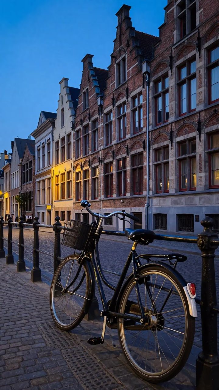 Brussels blue hour street scene with vintage bicycle and cobblestone architecture in in Brussels, Belgium