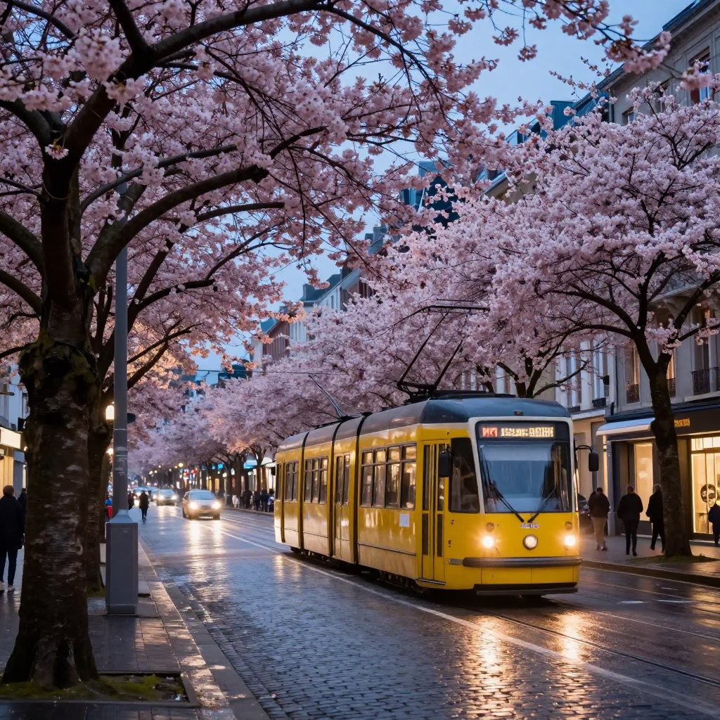 Brussels Blue Hour Tram on Tree-Lined Boulevard with Bloom and Urban Life in in Brussels, Belgium