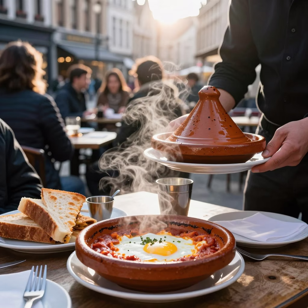 Brussels Breakfast Scene with Shakshouka and Moroccan Tagine Steam at Sunrise in in Brussels, Belgium