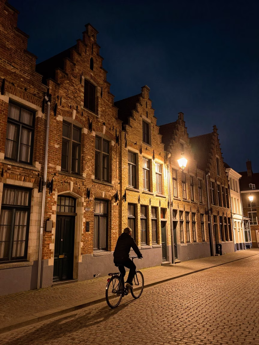 Brussels Brick Facade at The Deepest Night Sky Light in in Brussels, Belgium