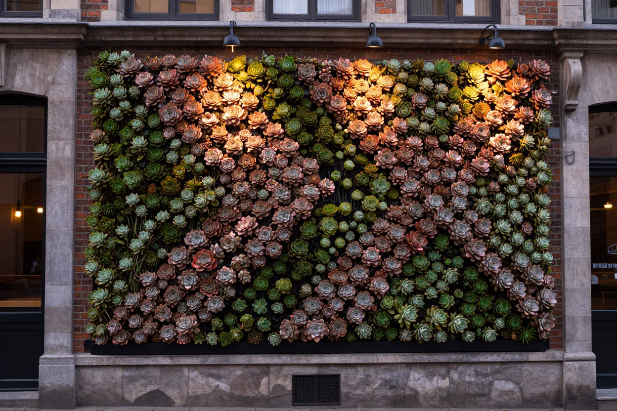 Brussels Cafe Living Wall Succulents Copper Dusk Light Realistic Street Photography in in Brussels, Belgium