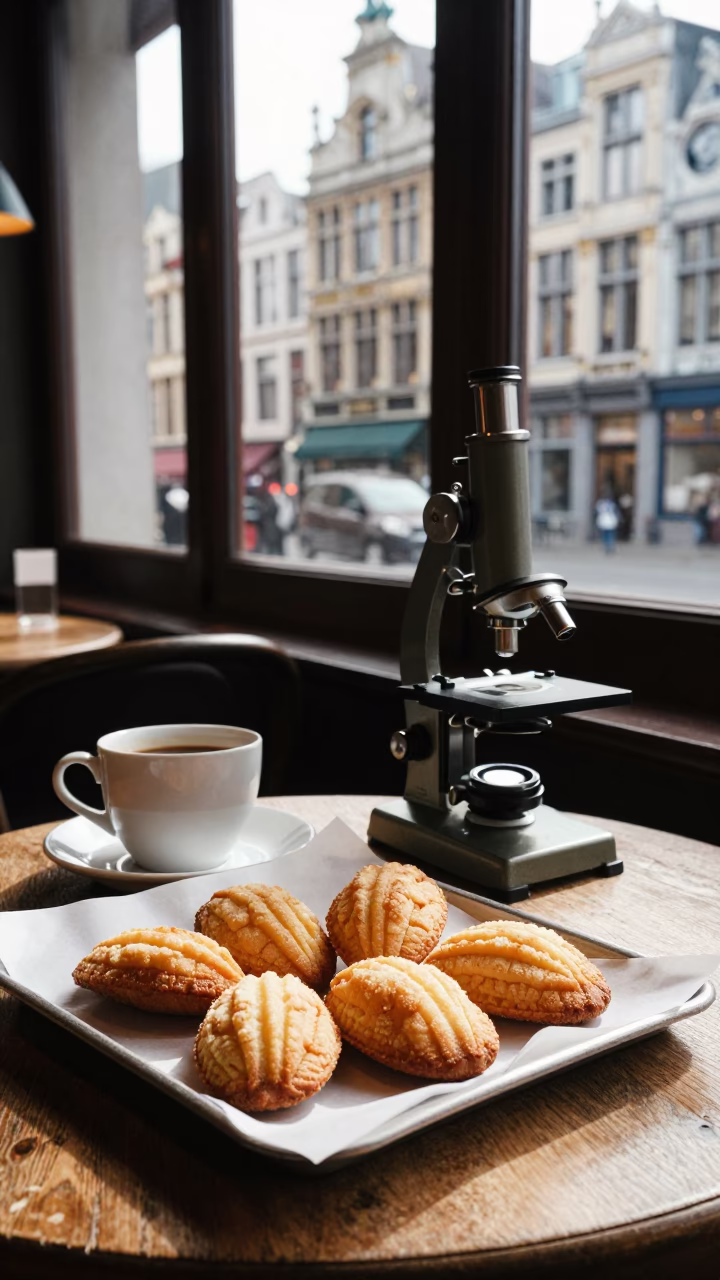 Brussels Cafe Morning with Madeleines and Antique Microscope on Table in in Brussels, Belgium