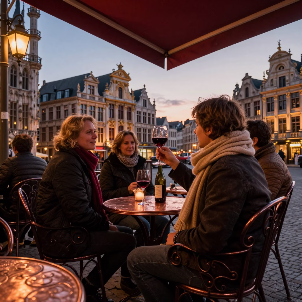Brussels cafe terrace copper dusk wine and wool scarves in in Brussels, Belgium