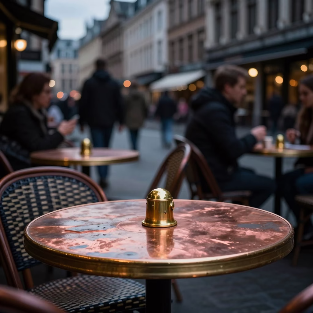 Brussels Cafe Terrace in Copper Light with Brass Escutcheon and Pomegranate in in Brussels, Belgium