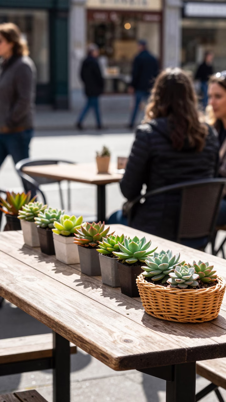 Brussels Cafe Terrace Morning with Succulents and Wicker Basket Detail in in Brussels, Belgium