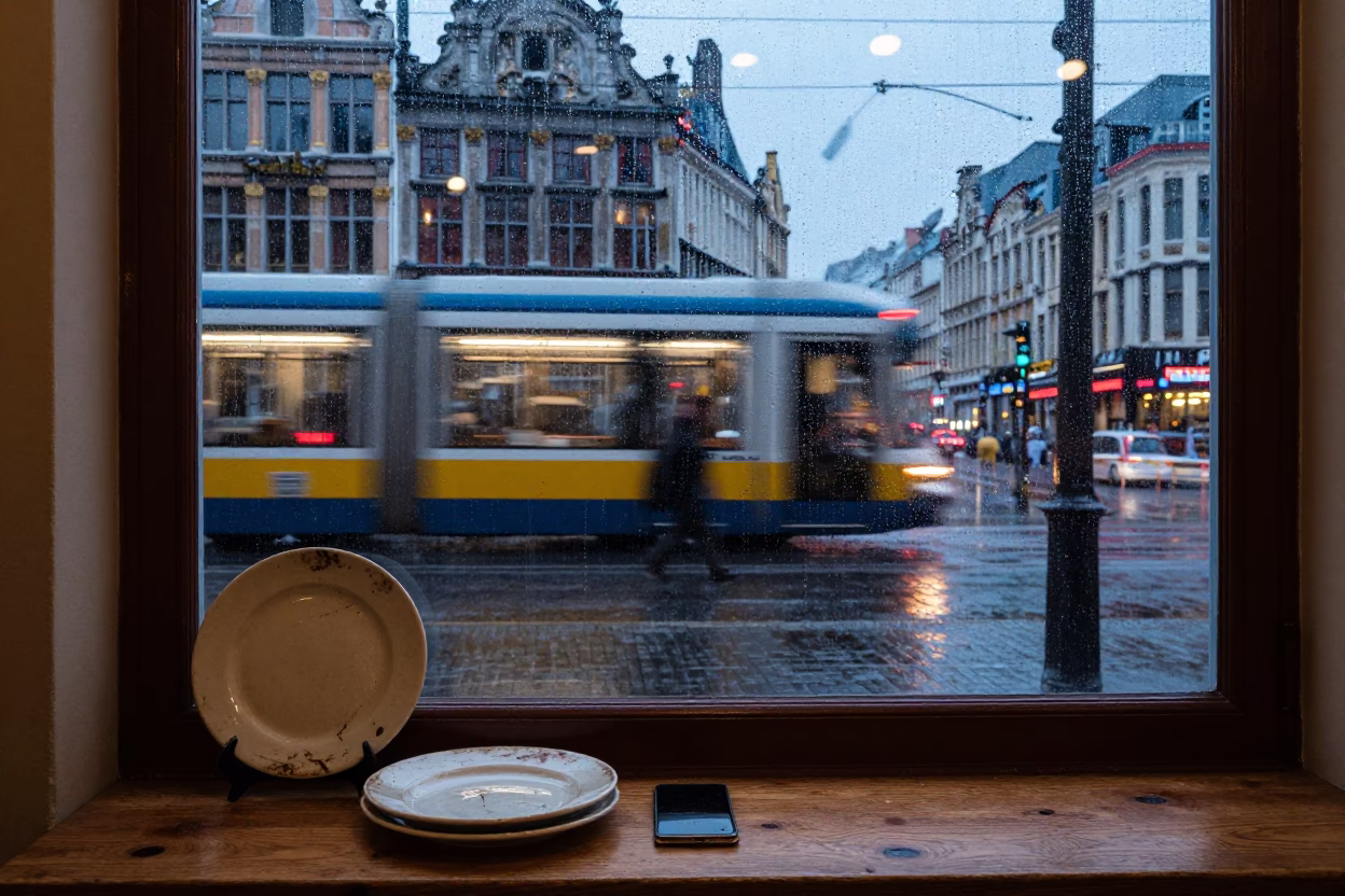 Brussels cafe window display during light rain at dusk in in Brussels, Belgium