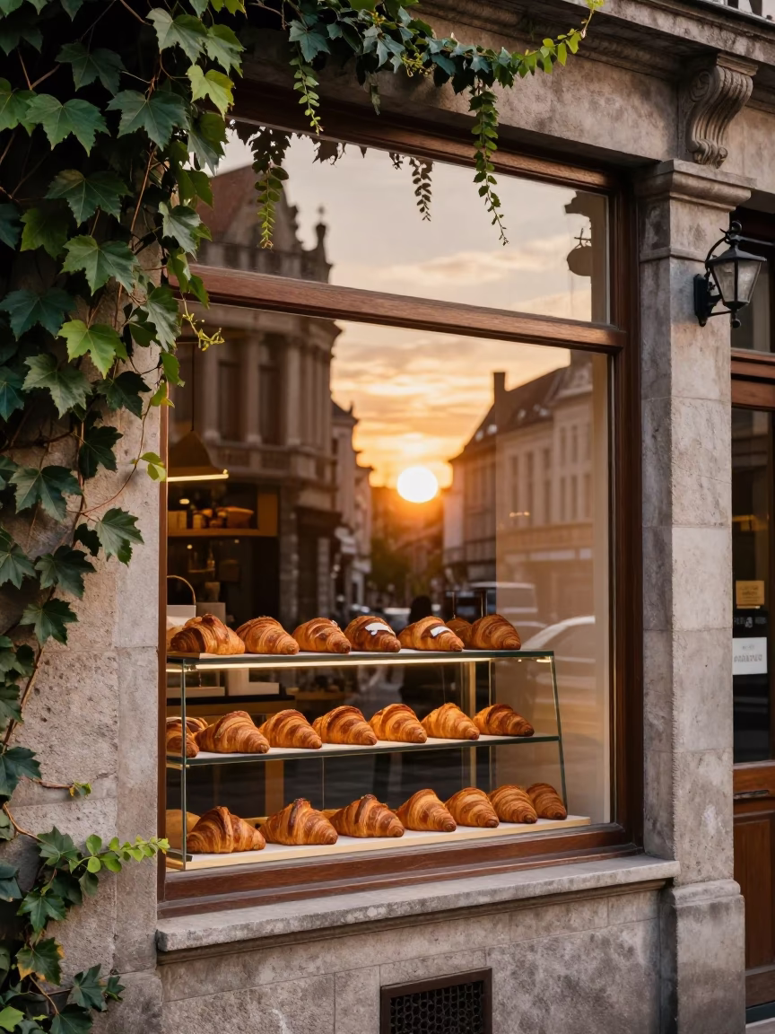 Brussels Cafe Window Display with Fresh Croissants and Ivy Vines at Sunset in in Brussels, Belgium