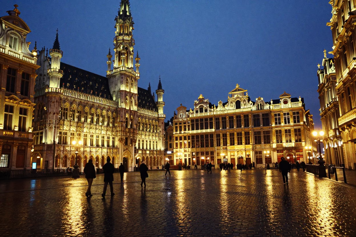 Brussels City Lights Glow at Dusk Along Grand Place Cobblestone Street in in Brussels, Belgium
