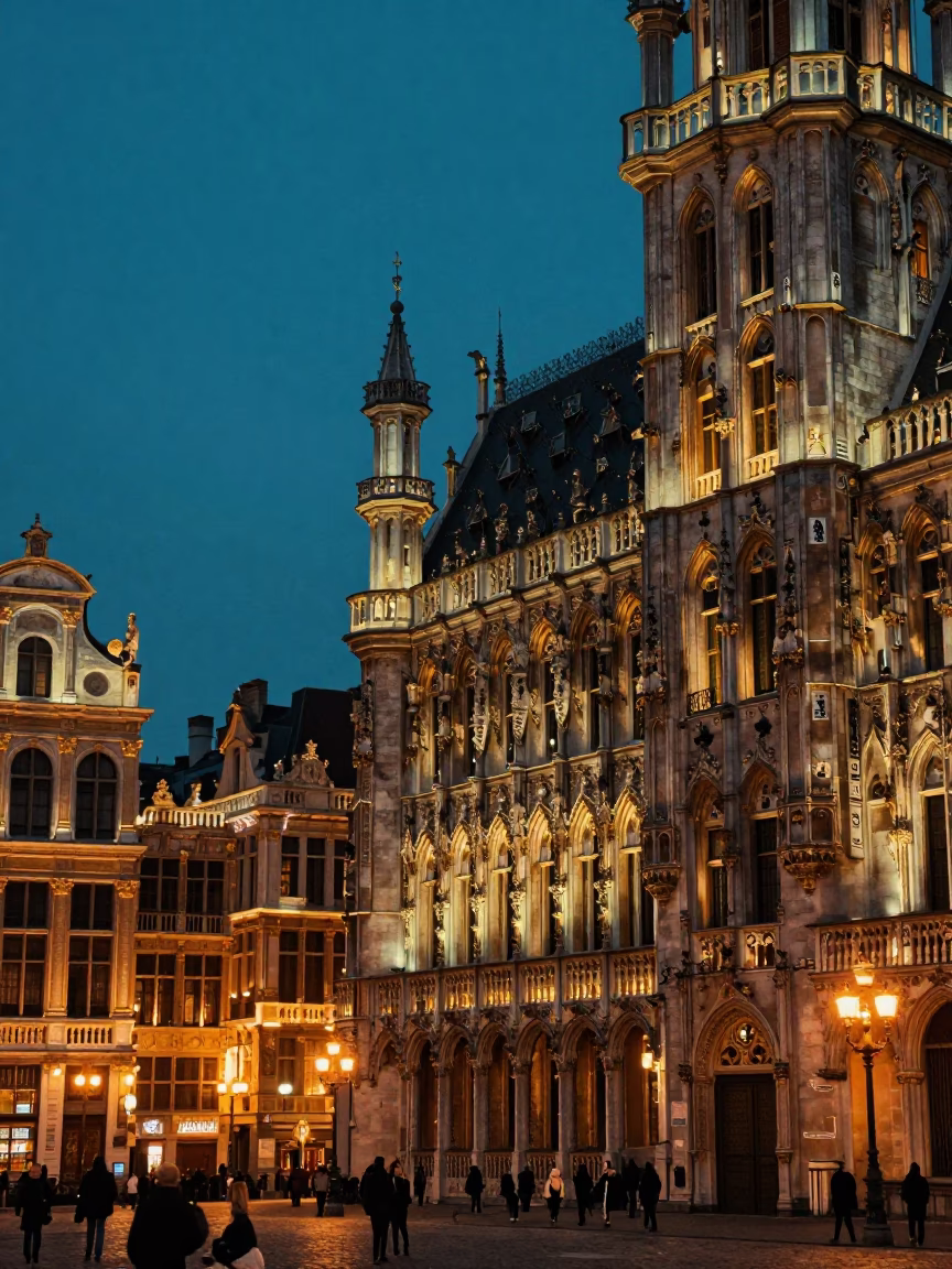 Brussels City Lights Glow at Dusk on Grand Place Square with Historic Architecture in in Brussels, Belgium