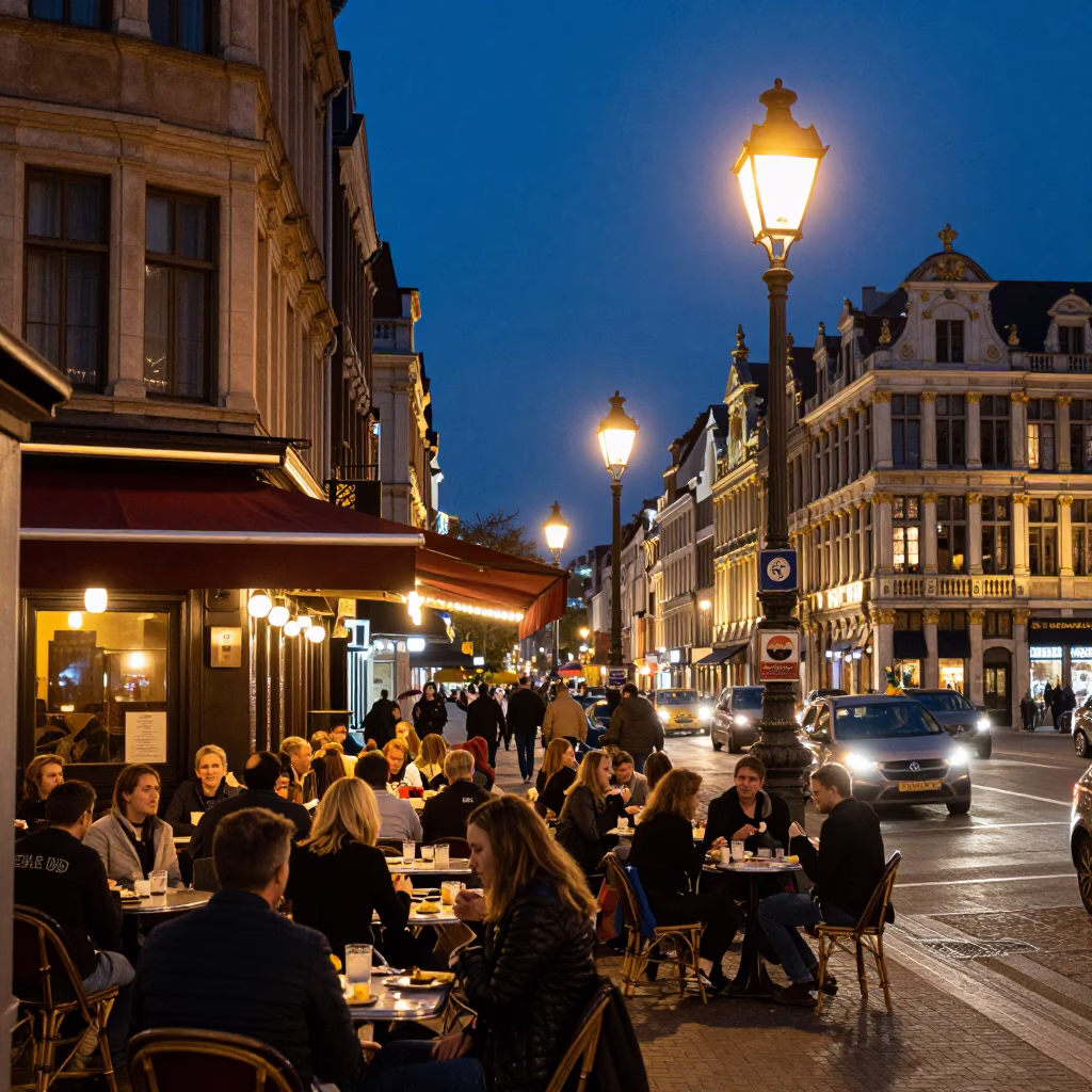 Brussels City Lights Glow Over Busy Street Corner With Vintage Majolica Plate Display in in Brussels, Belgium