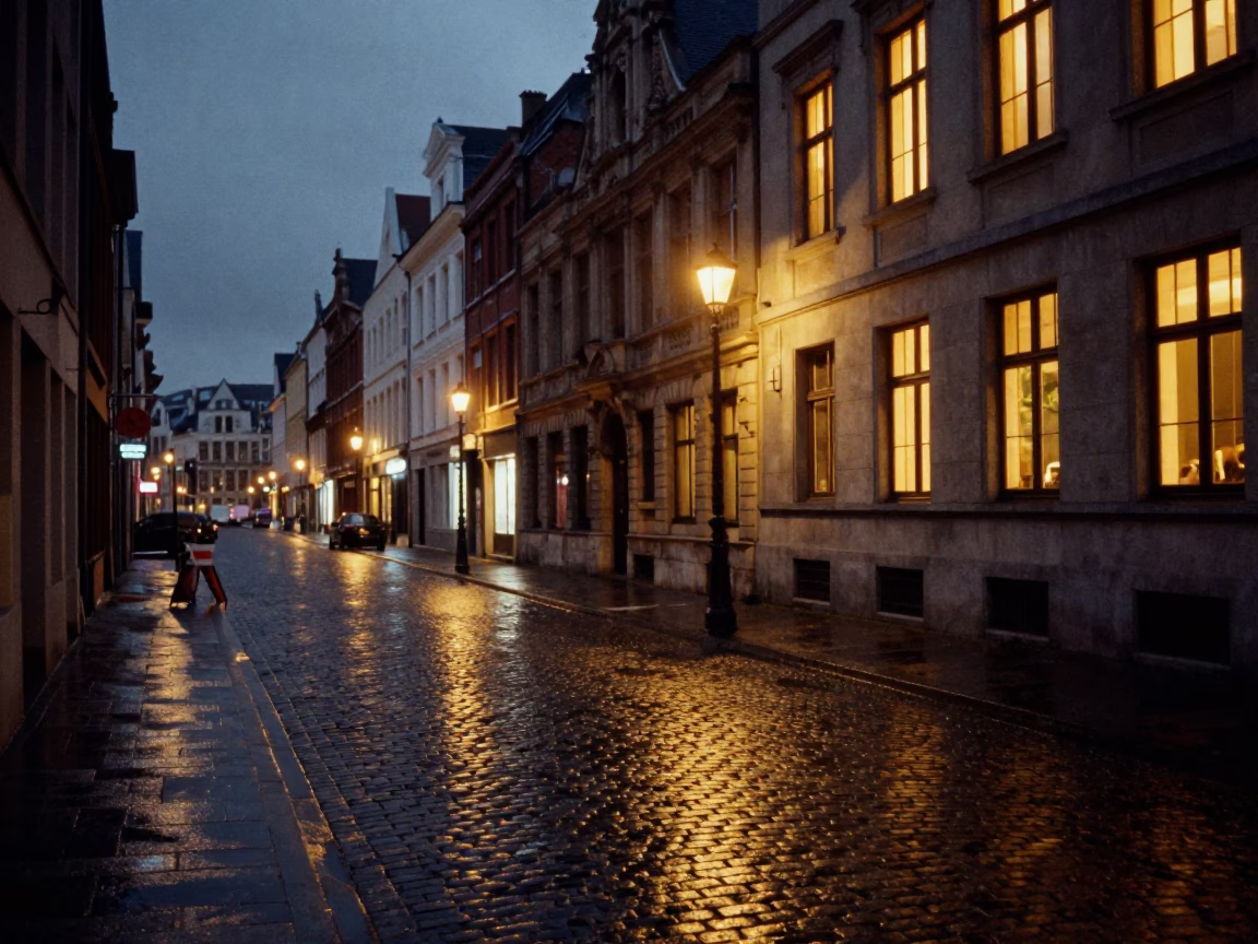 Brussels City Lights Glow Over Cobblestone Street and Classic Architecture in in Brussels, Belgium