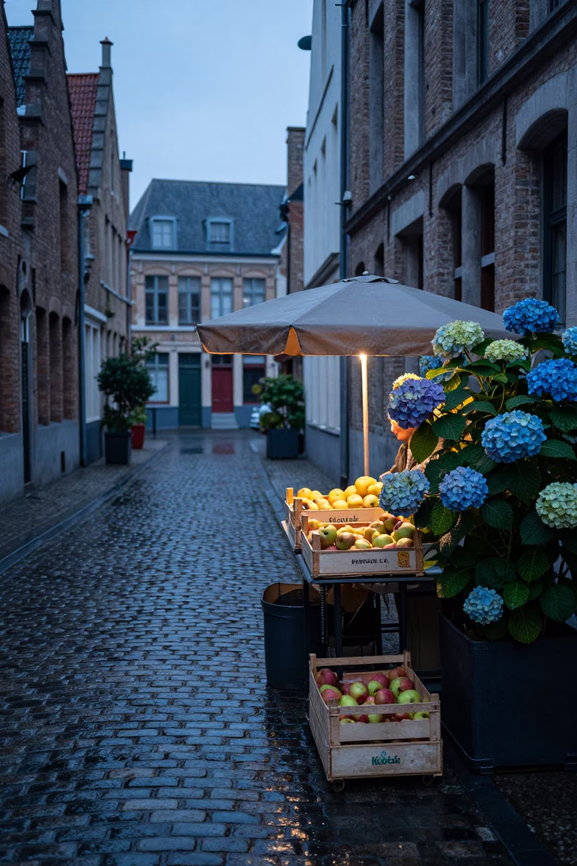 Brussels Cobblestone Alley Before Dawn with Hydrangeas and Wet Fruit in in Brussels, Belgium