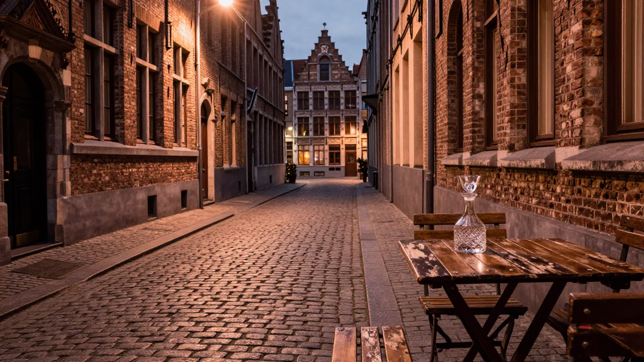 Brussels Cobblestone Alley in Copper Dusk Light with Local Cafe Details in in Brussels, Belgium