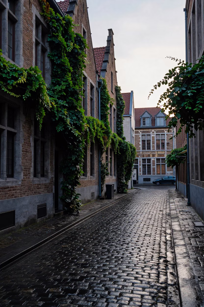 Brussels Cobblestone Alley with Ivy and Morning Light in in Brussels, Belgium