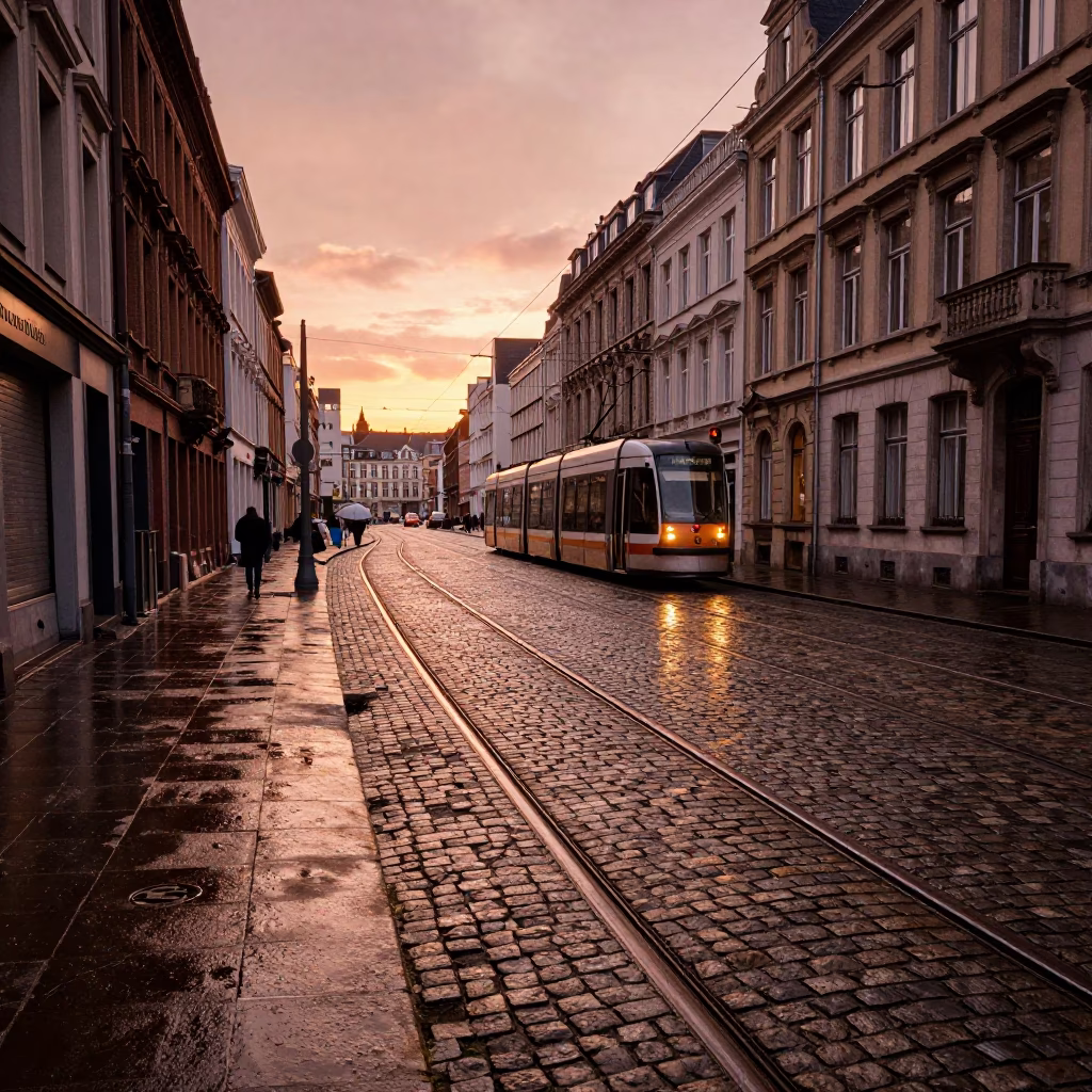 Brussels Cobblestone Street at Dusk with Tram Tracks and Old Brick Architecture in in Brussels, Belgium