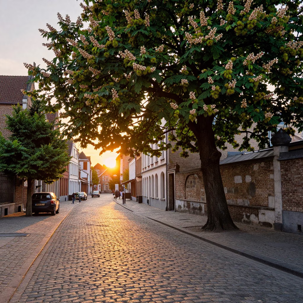 Brussels Cobblestone Street at Sunset with Chestnut Tree and Urban Details in in Brussels, Belgium