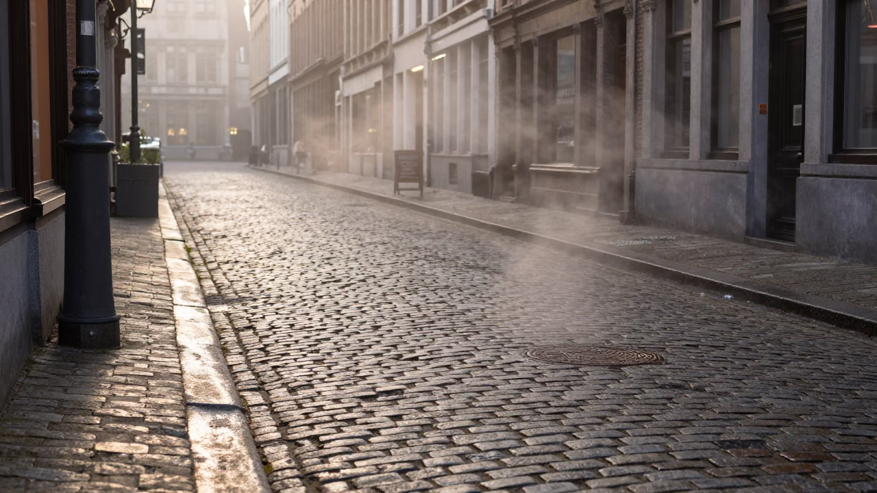 Brussels Cobblestone Street Before Dawn with Steam Haze and Coffee Shop Window in in Brussels, Belgium