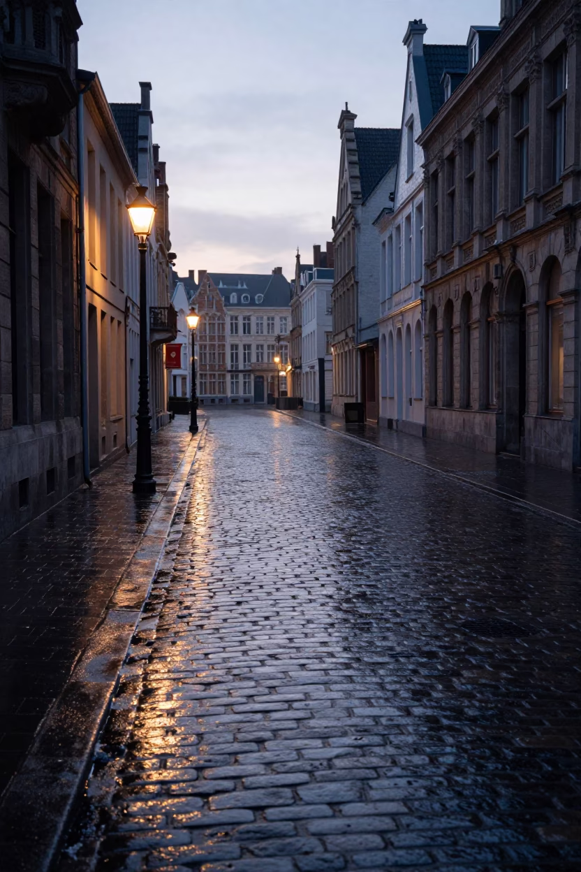 Brussels Cobblestone Street Before Sunrise with Wet Reflections and Urban Architecture in in Brussels, Belgium