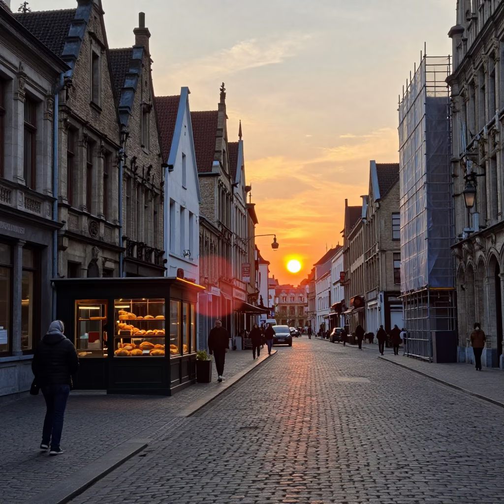 Brussels Cobblestone Street Scene at Sunset with Construction Scaffolding and Local Commerce in in Brussels, Belgium