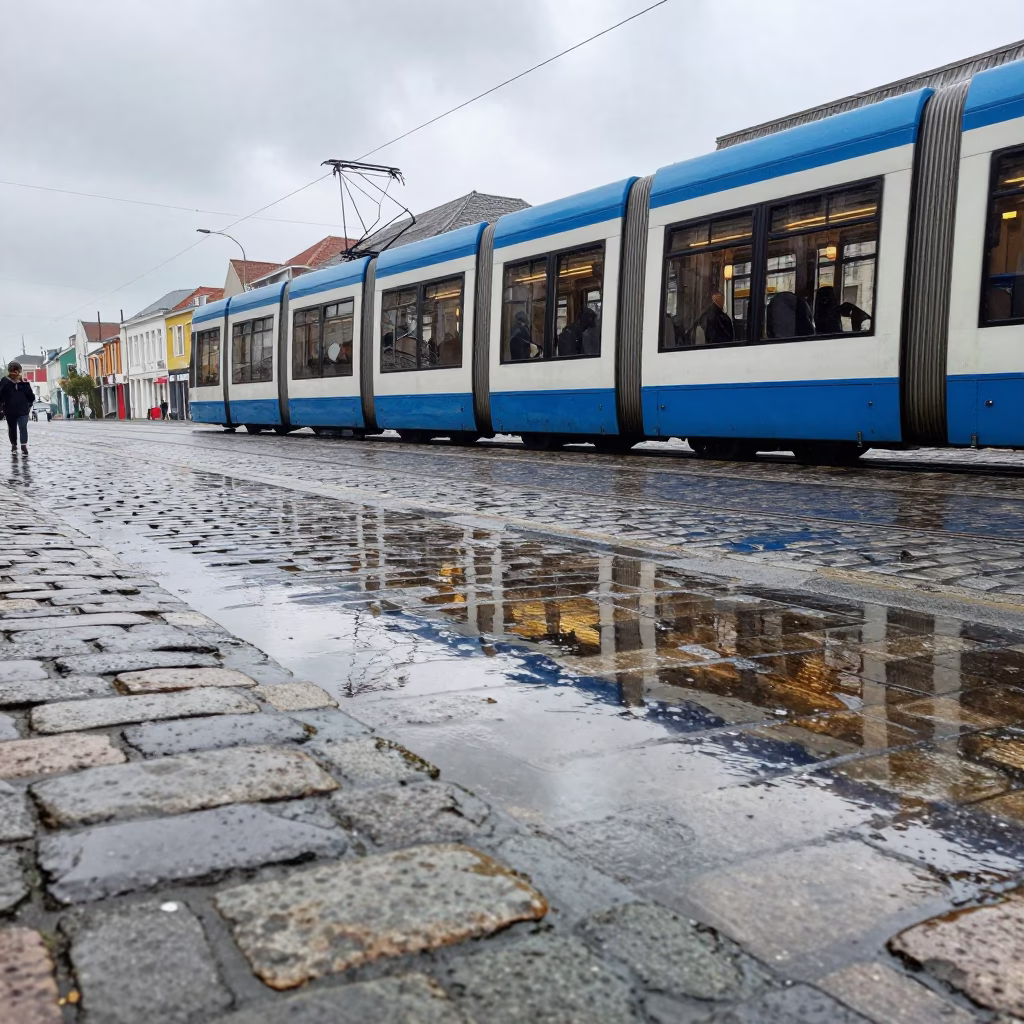 Brussels Cobblestone Street Scene with Tram Reflection and Rain Puddle at Midday in in Brussels, Belgium