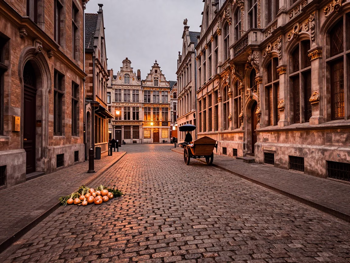 Brussels Cobblestone Street Scene with Turnips and Copper Toned Dusk Light in in Brussels, Belgium