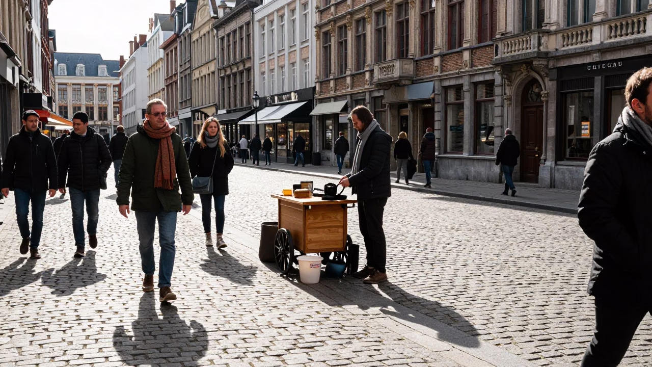Brussels Cobblestone Street Scene with Wool Scarves and Vitello Tonnato in in Brussels, Belgium