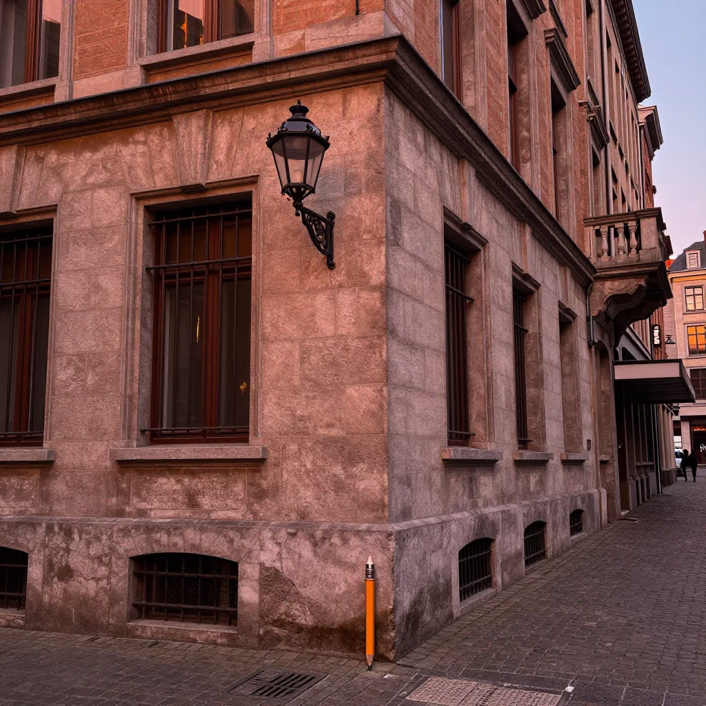 Brussels Copper Hour Street Scene with Mechanical Pencil and Wall Sconce in in Brussels, Belgium