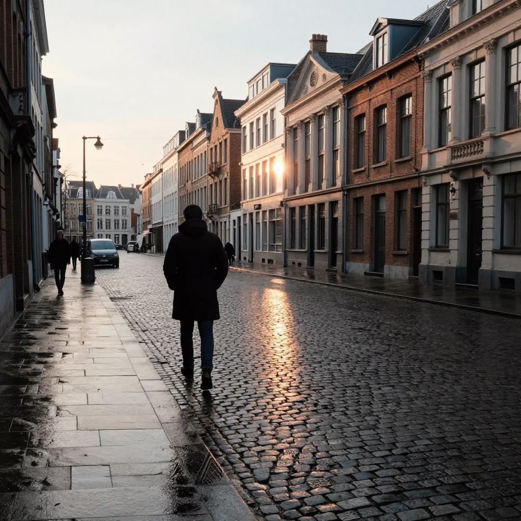 Brussels Dawn Light on Cobblestone Street with Commuter and Coffee Cup in in Brussels, Belgium