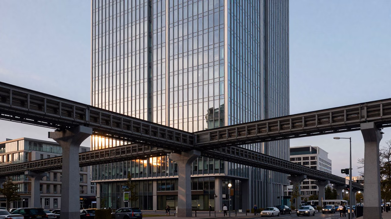 Brussels Dawn Light Reflecting on Monorail Glass Skyscraper Facade in in Brussels, Belgium