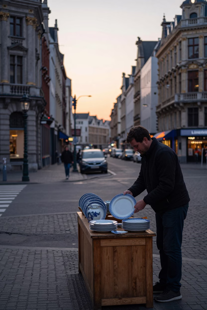 Brussels Dawn Street Scene with Blue and White Porcelain and Glass Carafe in in Brussels, Belgium